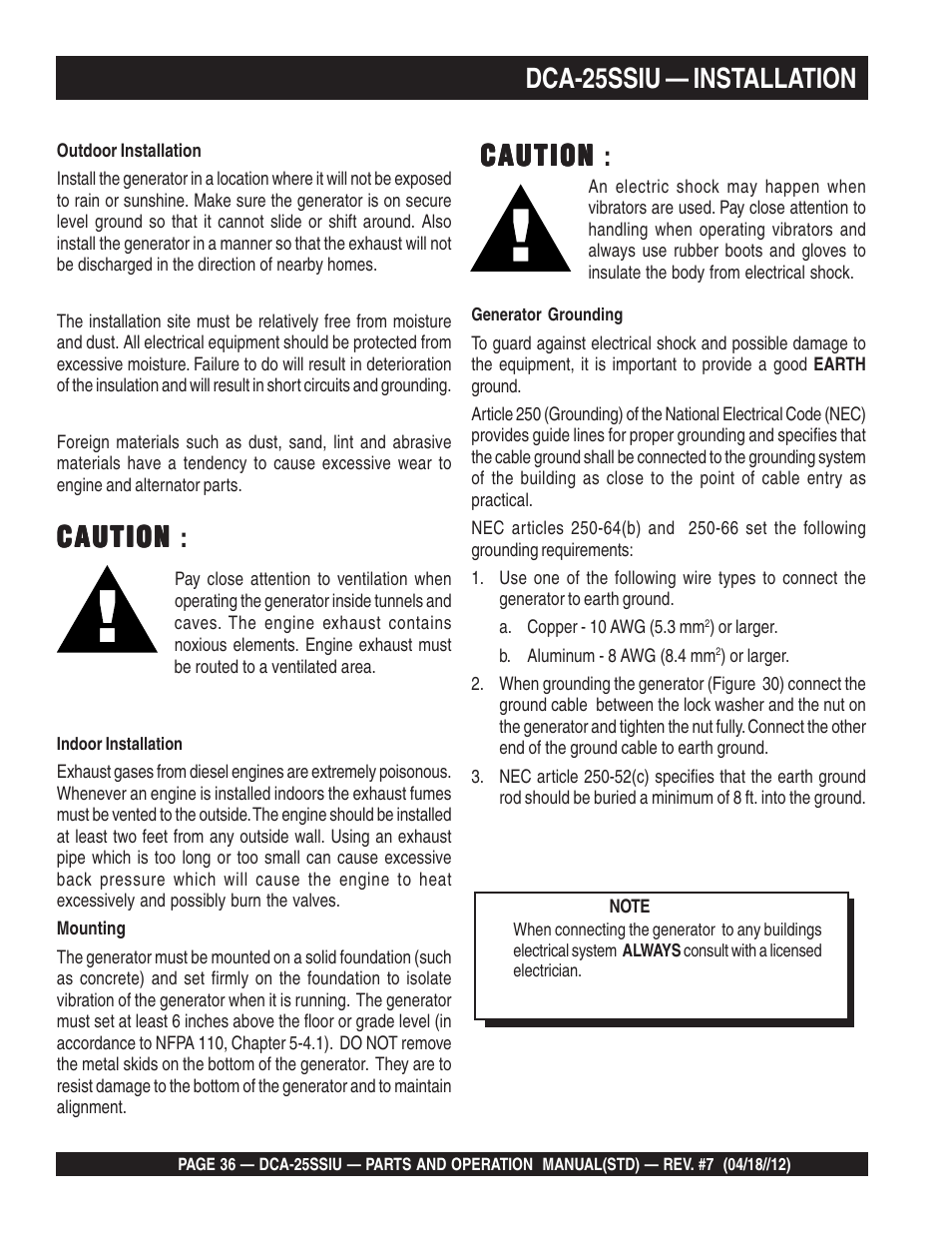 Caution, Caution caution, Dca-25ssiu — installation | Multiquip Wisperwatt Generator DCA25SSIU User Manual | Page 36 / 142