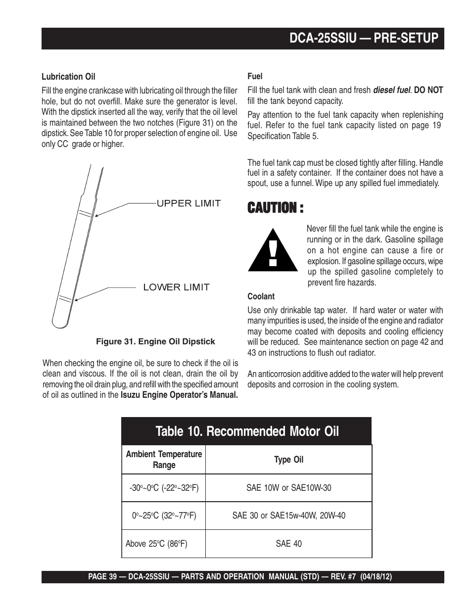 Dca-25ssiu — pre-setup, Caution | Multiquip Wisperwatt Generator DCA25SSIU User Manual | Page 39 / 142