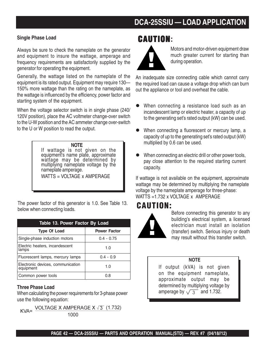 Dca-25ssiu — load application, Caution, Caution caution | Multiquip Wisperwatt Generator DCA25SSIU User Manual | Page 42 / 142