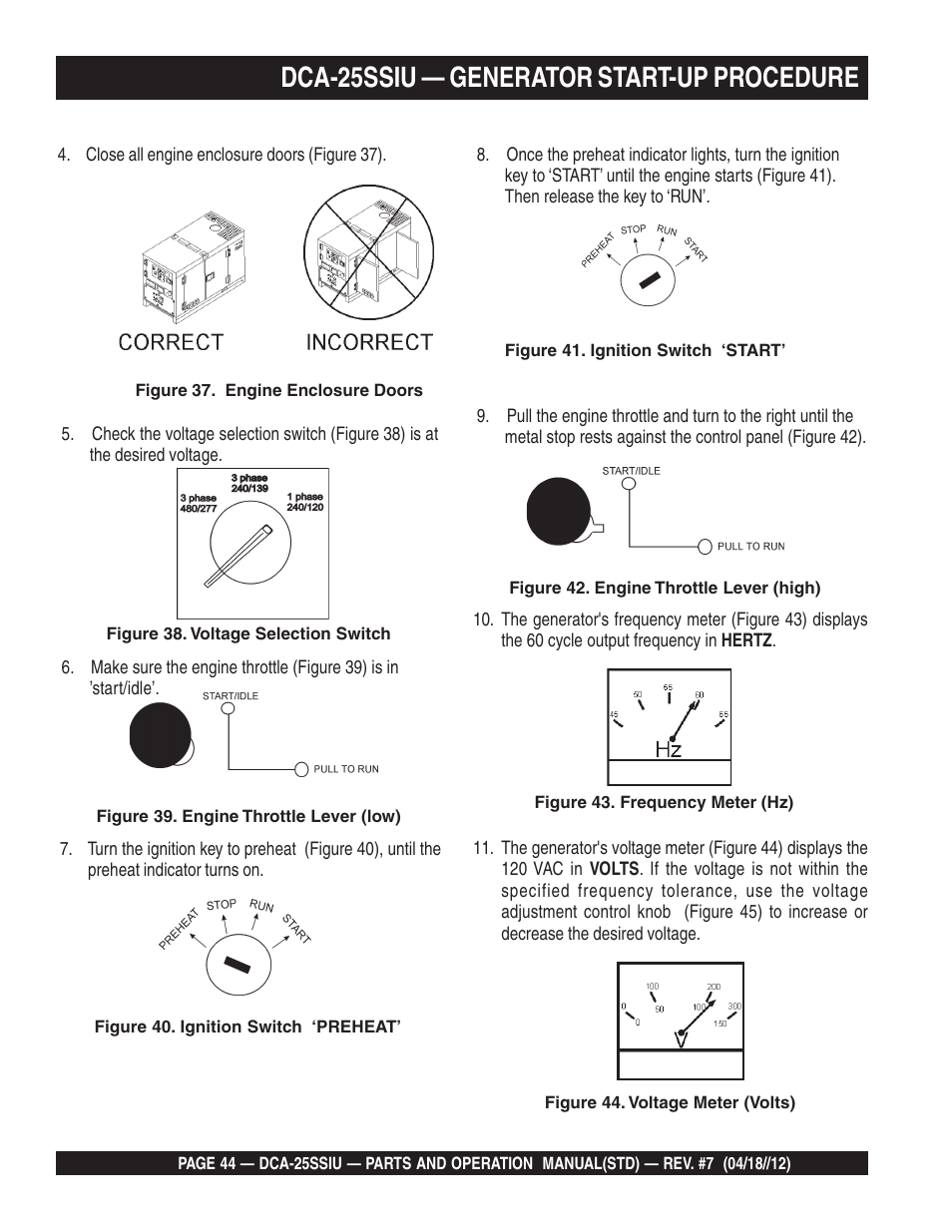 Dca-25ssiu — generator start-up procedure | Multiquip Wisperwatt Generator DCA25SSIU User Manual | Page 44 / 142