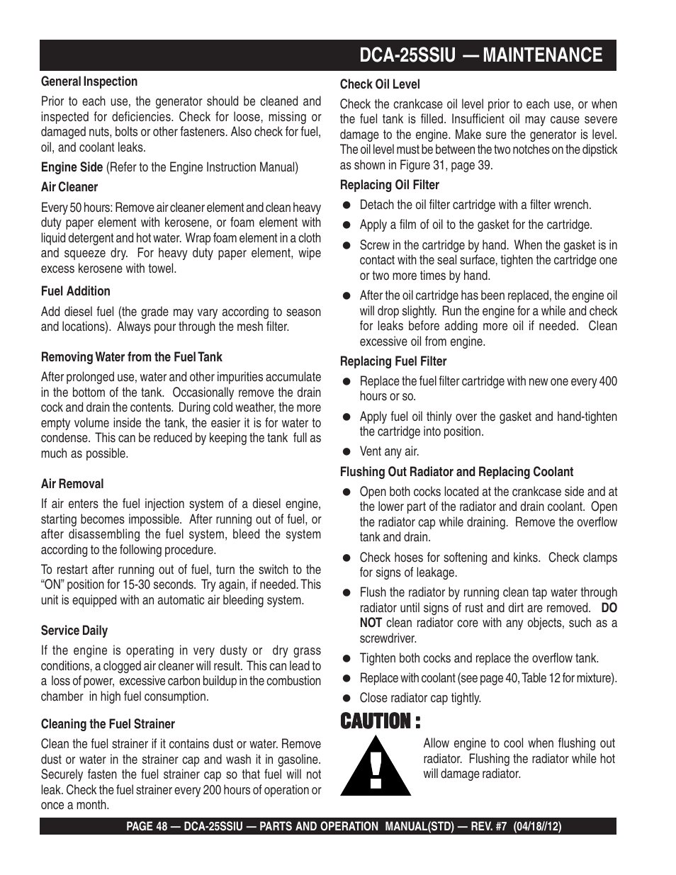 Dca-25ssiu — maintenance, Caution | Multiquip Wisperwatt Generator DCA25SSIU User Manual | Page 48 / 142