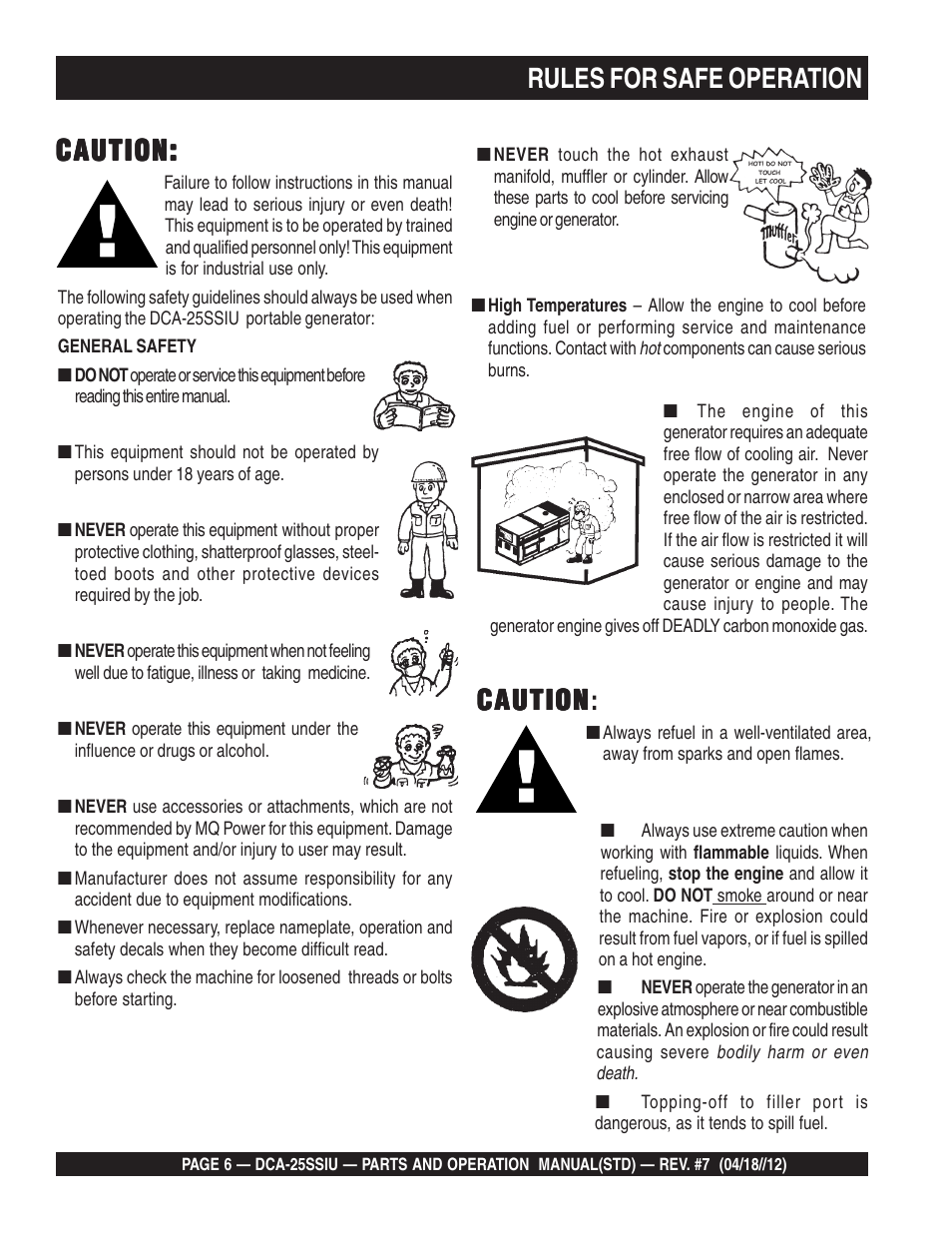 Rules for safe operation, Caution, Caution caution | Multiquip Wisperwatt Generator DCA25SSIU User Manual | Page 6 / 142