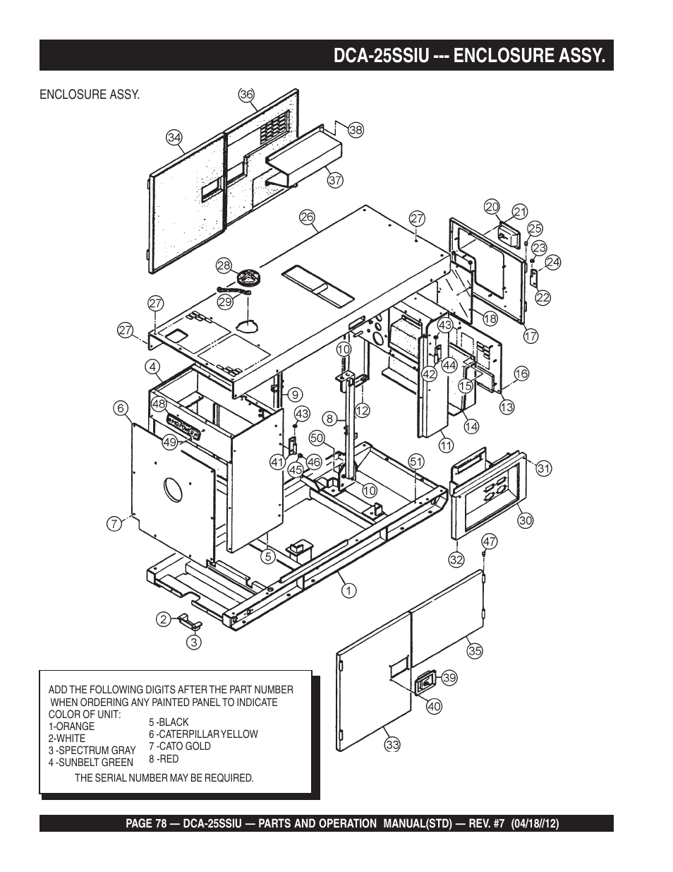 Dca-25ssiu --- enclosure assy | Multiquip Wisperwatt Generator DCA25SSIU User Manual | Page 78 / 142