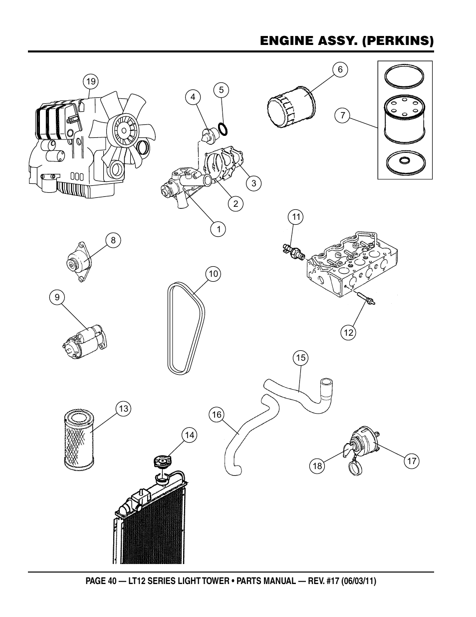 Engine assy. (perkins) | Multiquip Nighthawk Series Dedicated Light Tower LT12D User Manual | Page 40 / 58