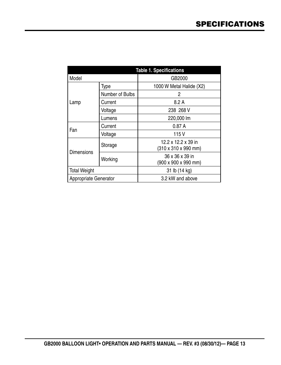 Specifications | Multiquip Light Tower Mount Type Balloon Light GB2000 User Manual | Page 13 / 52
