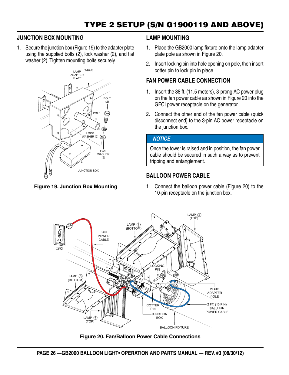 Junction box mounting, Lamp mounting, Fan power cable connection | Balloon power cable, Figure 19. junction box mounting, Figure 20. fan/balloon power cable connections | Multiquip Light Tower Mount Type Balloon Light GB2000 User Manual | Page 26 / 52
