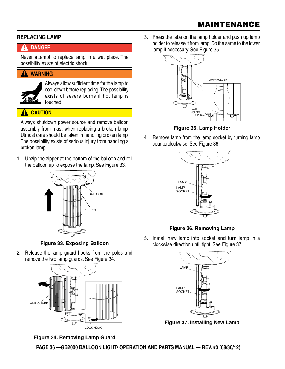 Maintenance, Replacing lamp | Multiquip Light Tower Mount Type Balloon Light GB2000 User Manual | Page 36 / 52