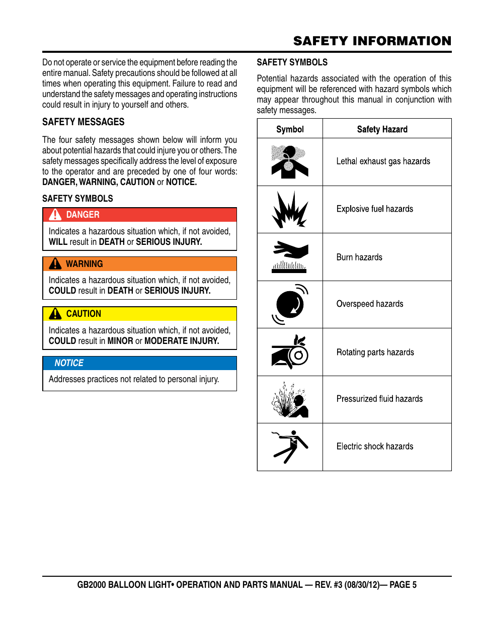 Safety information | Multiquip Light Tower Mount Type Balloon Light GB2000 User Manual | Page 5 / 52