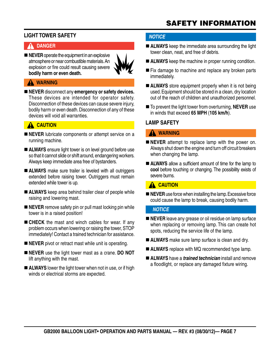 Safety information | Multiquip Light Tower Mount Type Balloon Light GB2000 User Manual | Page 7 / 52