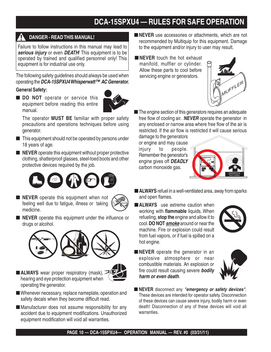 Dca-15spxu4 — rules for safe operation | Multiquip Whisperwatt 60 Hz Generator DCA-15SPXU4 User Manual | Page 10 / 46