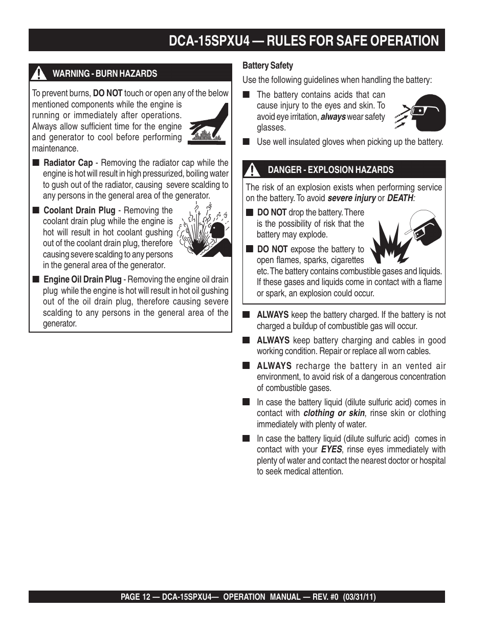 Dca-15spxu4 — rules for safe operation | Multiquip Whisperwatt 60 Hz Generator DCA-15SPXU4 User Manual | Page 12 / 46