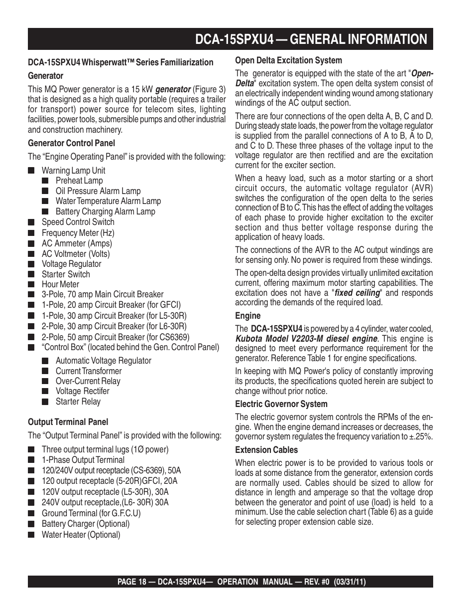 Dca-15spxu4 — general information | Multiquip Whisperwatt 60 Hz Generator DCA-15SPXU4 User Manual | Page 18 / 46
