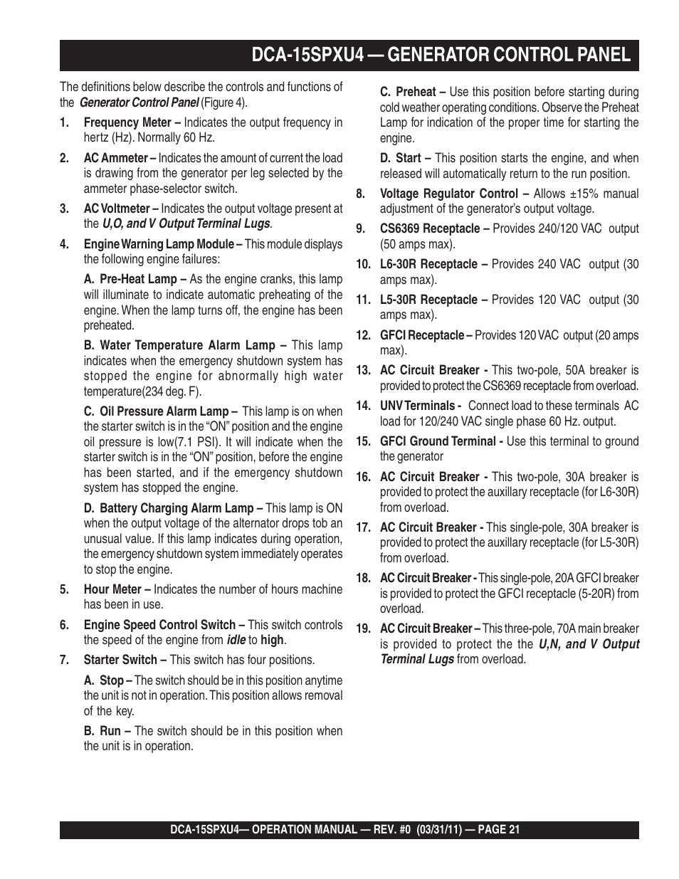 Dca-15spxu4 — generator control panel | Multiquip Whisperwatt 60 Hz Generator DCA-15SPXU4 User Manual | Page 21 / 46
