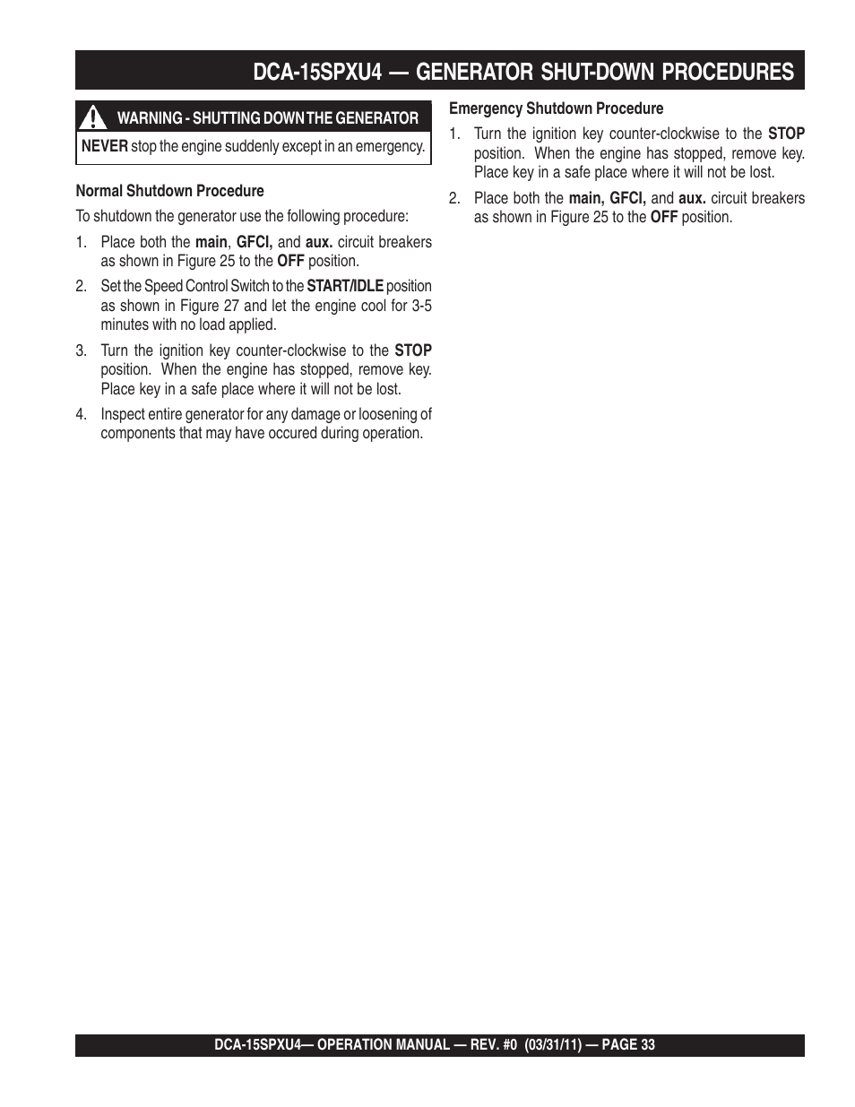 Dca-15spxu4 — generator shut-down procedures | Multiquip Whisperwatt 60 Hz Generator DCA-15SPXU4 User Manual | Page 33 / 46