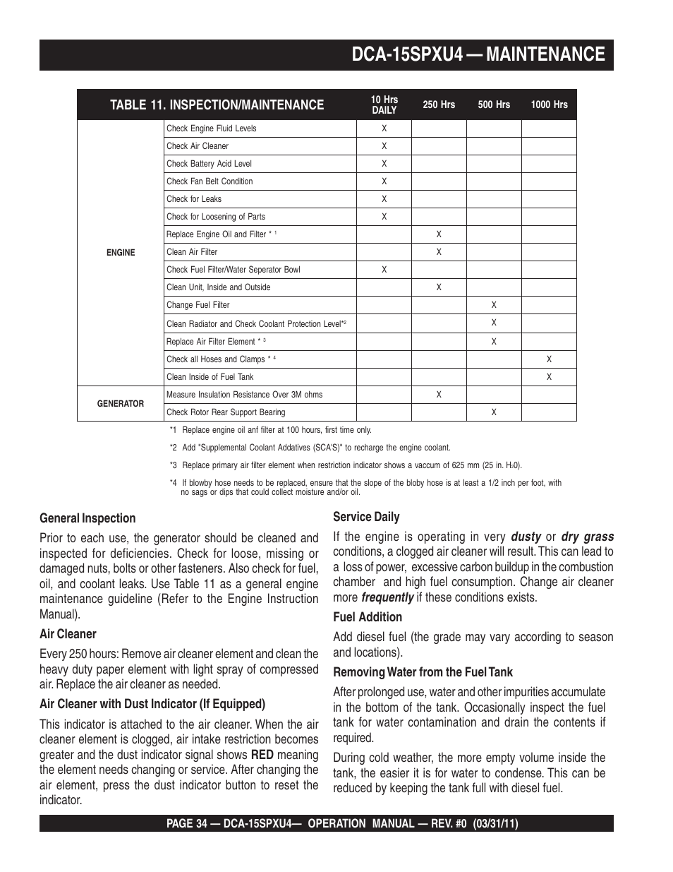 Dca-15spxu4 — maintenance | Multiquip Whisperwatt 60 Hz Generator DCA-15SPXU4 User Manual | Page 34 / 46