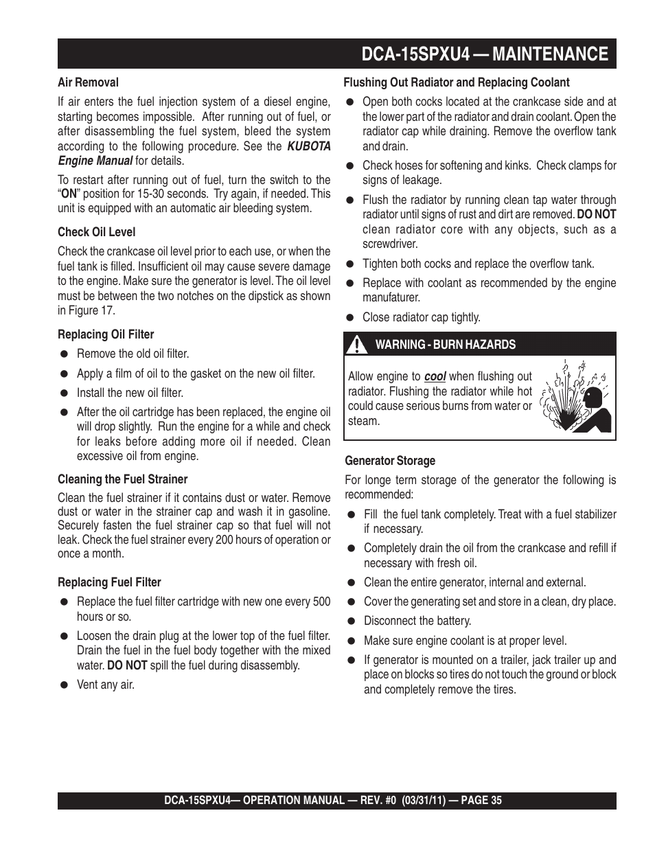 1dca-15spxu4 — maintenance | Multiquip Whisperwatt 60 Hz Generator DCA-15SPXU4 User Manual | Page 35 / 46
