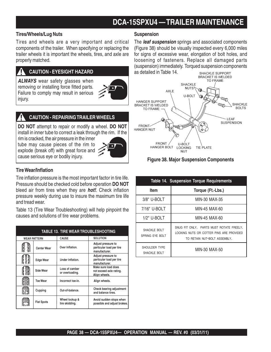 Dca-15spxu4 — trailer maintenance | Multiquip Whisperwatt 60 Hz Generator DCA-15SPXU4 User Manual | Page 38 / 46