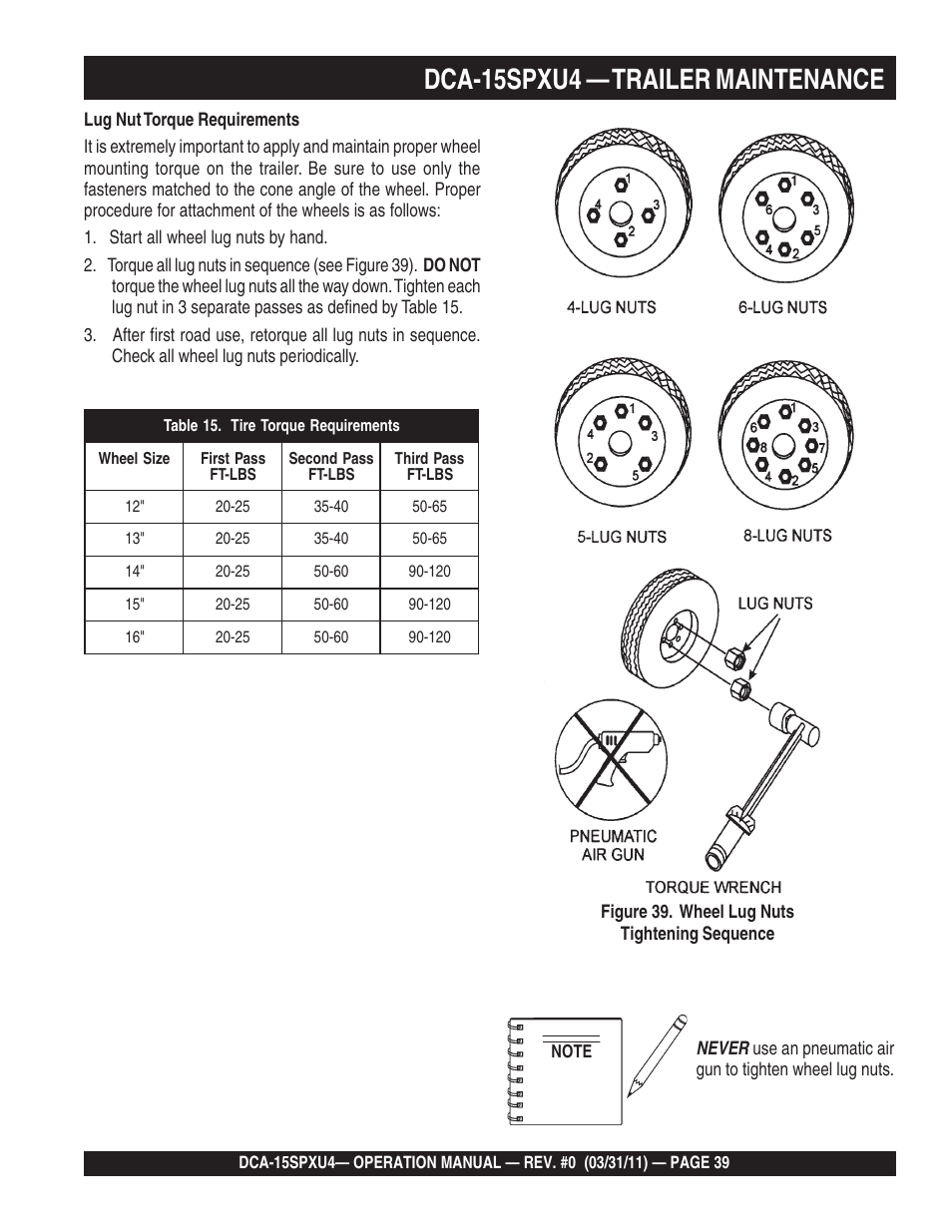 Dca-15spxu4 — trailer maintenance | Multiquip Whisperwatt 60 Hz Generator DCA-15SPXU4 User Manual | Page 39 / 46