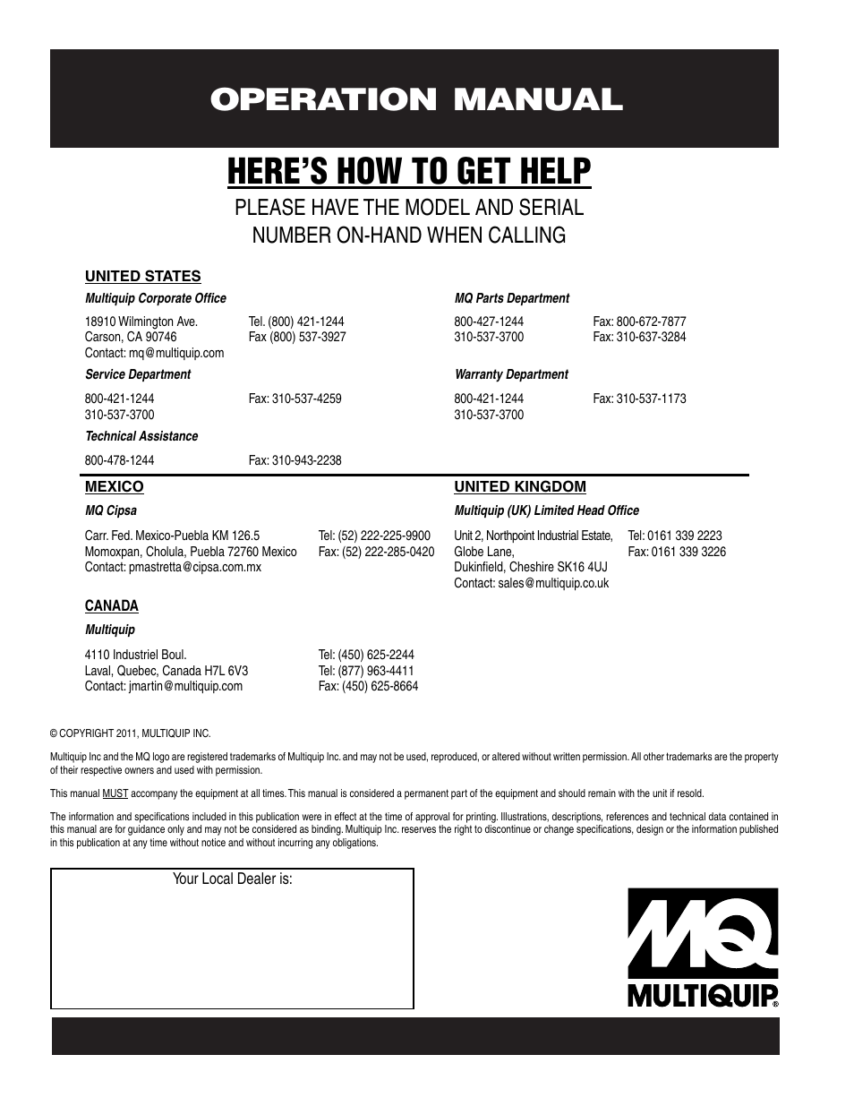 Here’s how to get help, Parts and operation manual operation manual | Multiquip Whisperwatt 60 Hz Generator DCA-15SPXU4 User Manual | Page 46 / 46