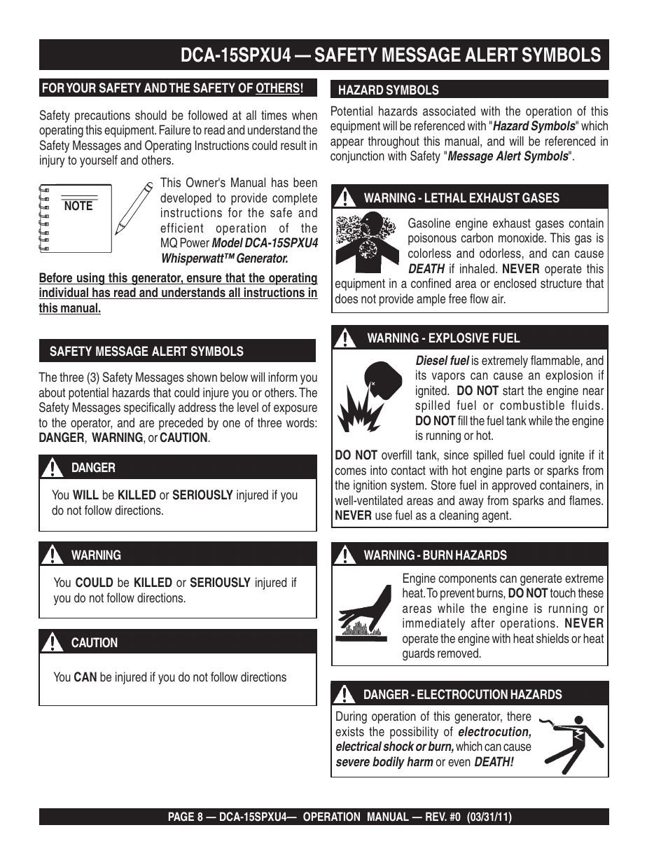 Dca-15spxu4 — safety message alert symbols | Multiquip Whisperwatt 60 Hz Generator DCA-15SPXU4 User Manual | Page 8 / 46