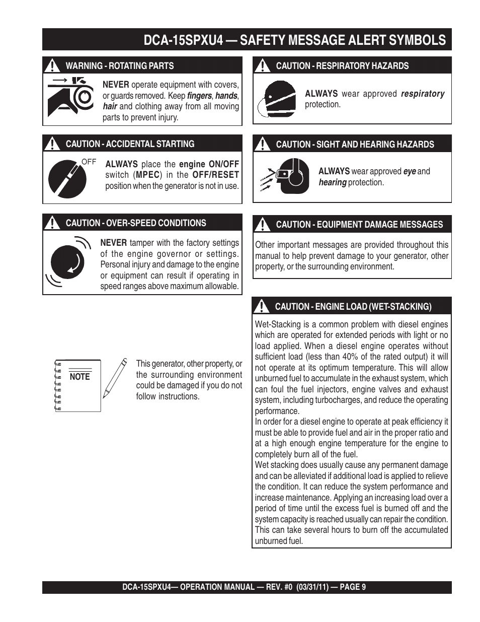 1dca-15spxu4 — safety message alert symbols | Multiquip Whisperwatt 60 Hz Generator DCA-15SPXU4 User Manual | Page 9 / 46