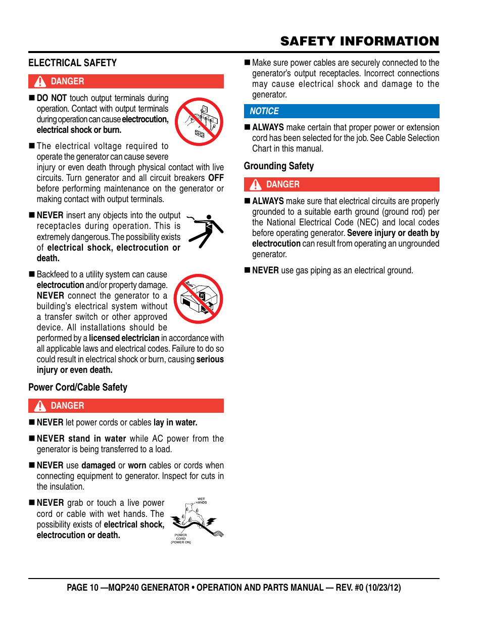 Safety information | Multiquip 60HZ Generator MQP240 User Manual | Page 10 / 92
