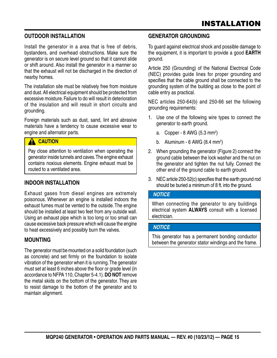 Installation | Multiquip 60HZ Generator MQP240 User Manual | Page 15 / 92