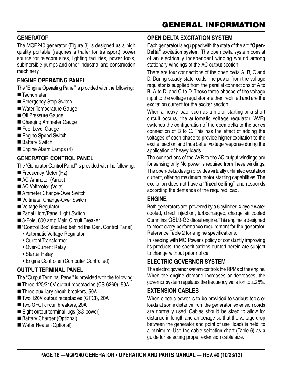 General information | Multiquip 60HZ Generator MQP240 User Manual | Page 16 / 92