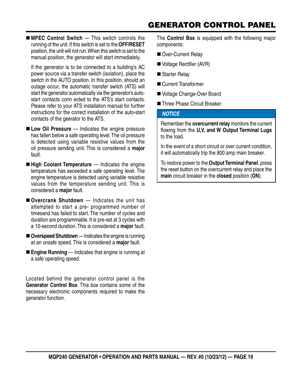 Generator control panel | Multiquip 60HZ Generator MQP240 User Manual | Page 19 / 92