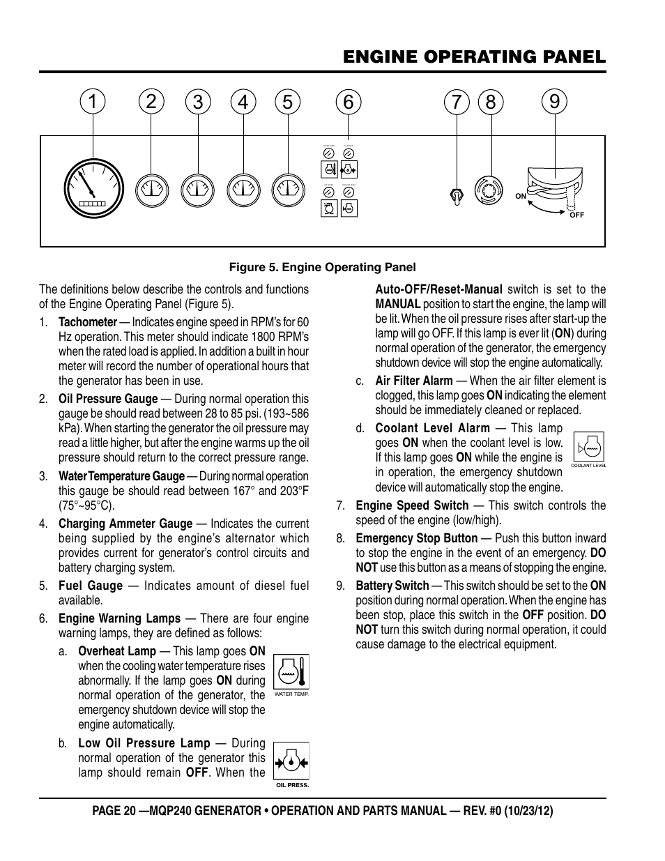 Engine operating panel | Multiquip 60HZ Generator MQP240 User Manual | Page 20 / 92