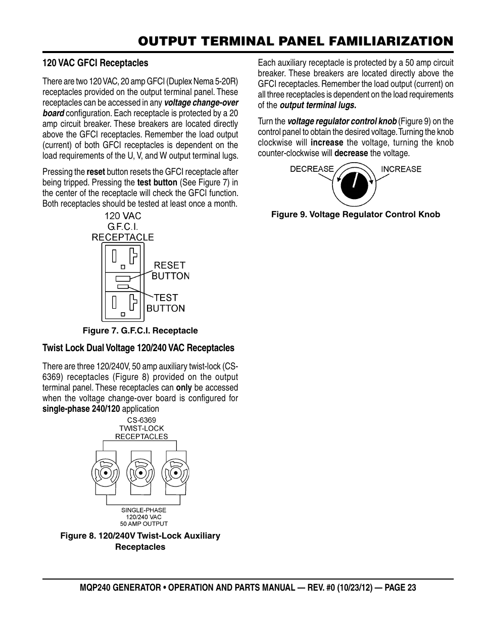 Output terminal panel familiarization | Multiquip 60HZ Generator MQP240 User Manual | Page 23 / 92