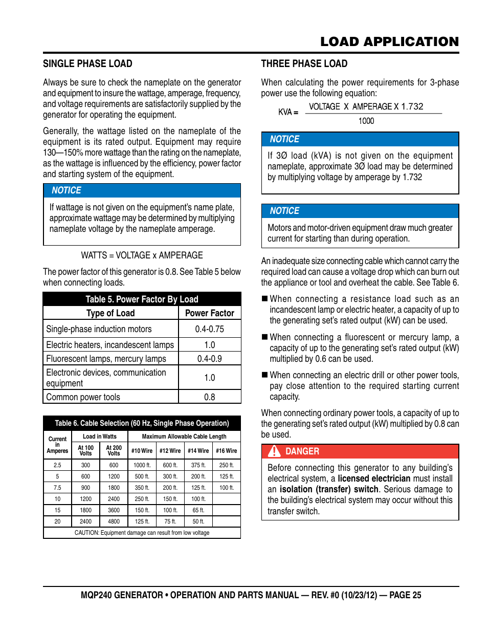 Load application, Single phase load, Three phase load | Multiquip 60HZ Generator MQP240 User Manual | Page 25 / 92