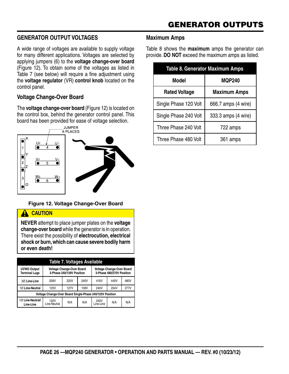 Generator outputs, Generator output voltages, Voltage change-over board | Maximum amps | Multiquip 60HZ Generator MQP240 User Manual | Page 26 / 92