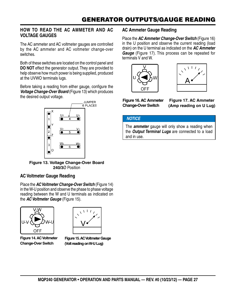 Generator outputs/gauge reading | Multiquip 60HZ Generator MQP240 User Manual | Page 27 / 92