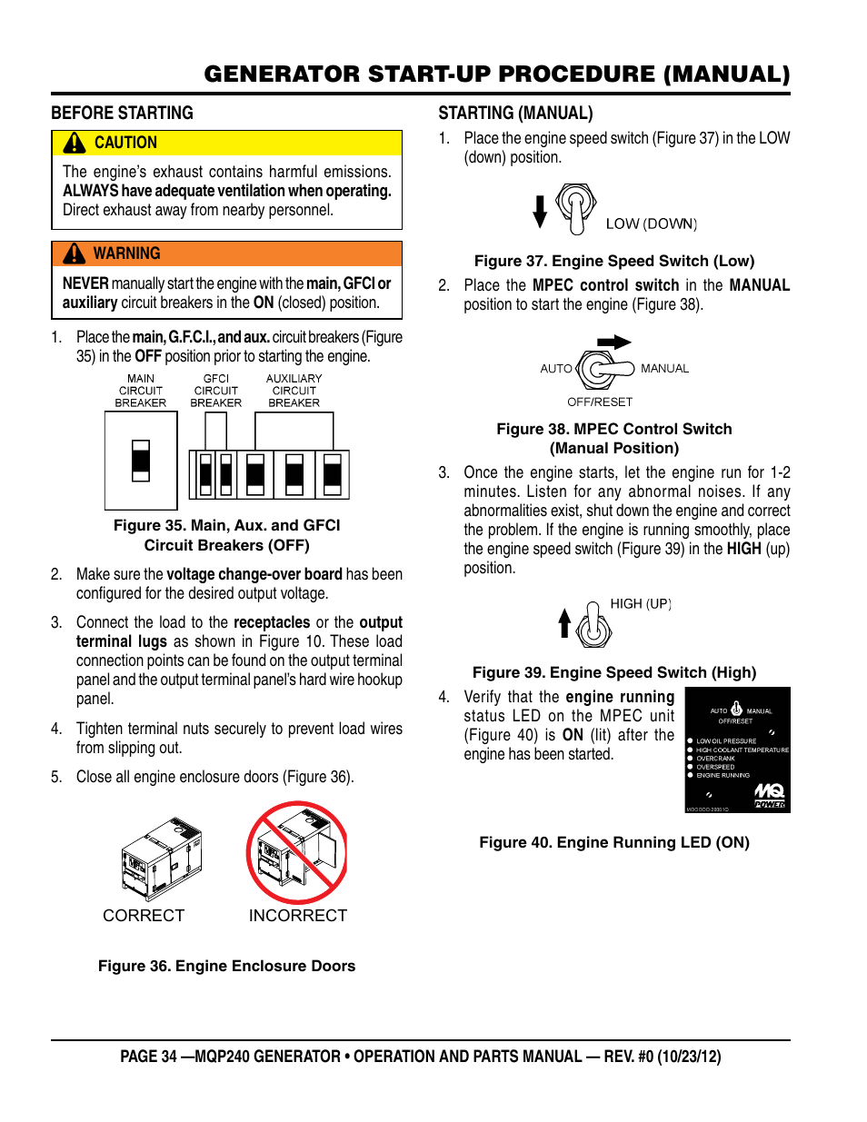 Generator start-up procedure (manual) | Multiquip 60HZ Generator MQP240 User Manual | Page 34 / 92