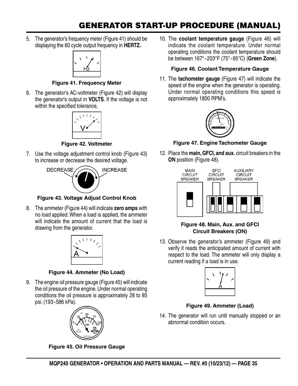 Generator start-up procedure (manual) | Multiquip 60HZ Generator MQP240 User Manual | Page 35 / 92