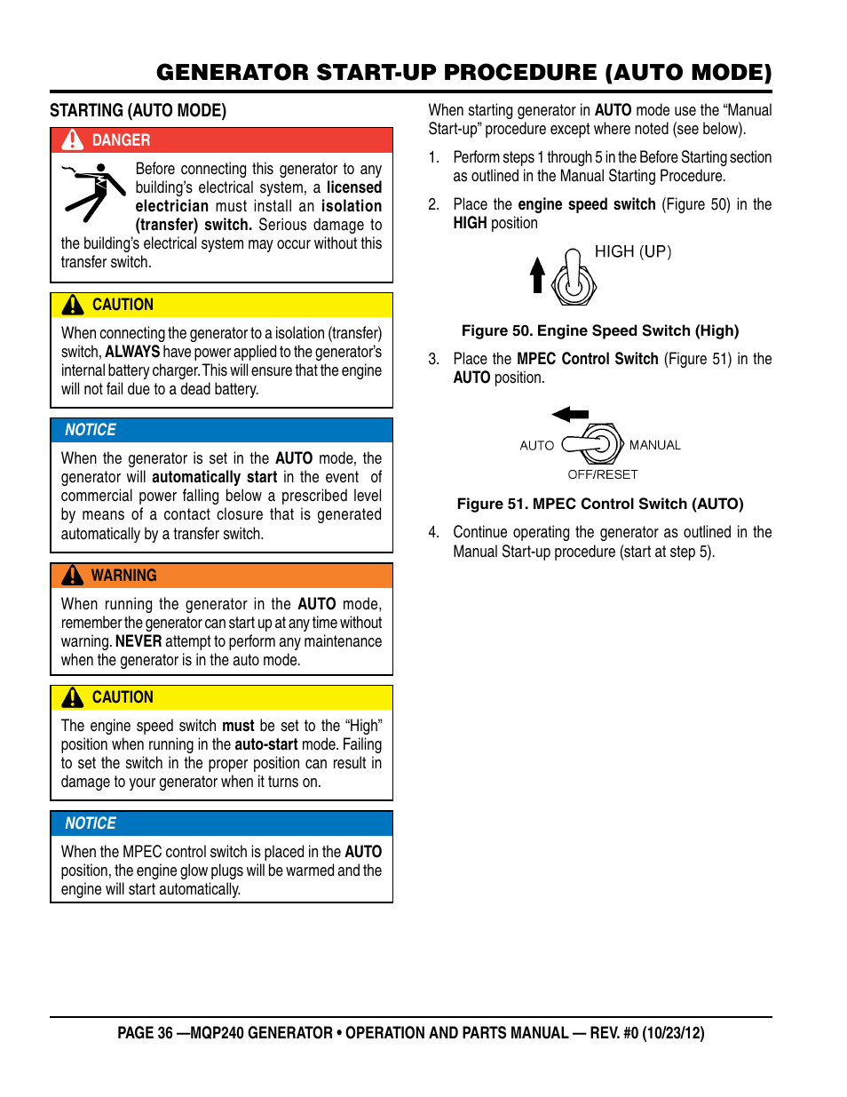 Generator start-up procedure (auto mode) | Multiquip 60HZ Generator MQP240 User Manual | Page 36 / 92