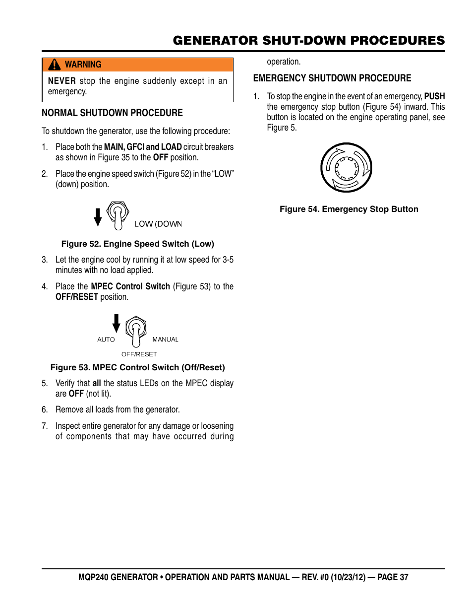 Generator shut-down procedures | Multiquip 60HZ Generator MQP240 User Manual | Page 37 / 92