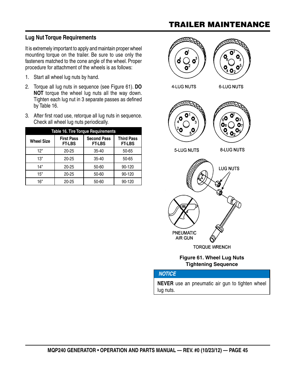 Trailer maintenance, Lug nut torque requirements | Multiquip 60HZ Generator MQP240 User Manual | Page 45 / 92