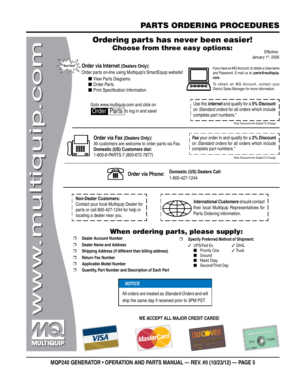 Parts ordering procedures, Ordering parts has never been easier, Choose from three easy options | When ordering parts, please supply, Order parts | Multiquip 60HZ Generator MQP240 User Manual | Page 5 / 92