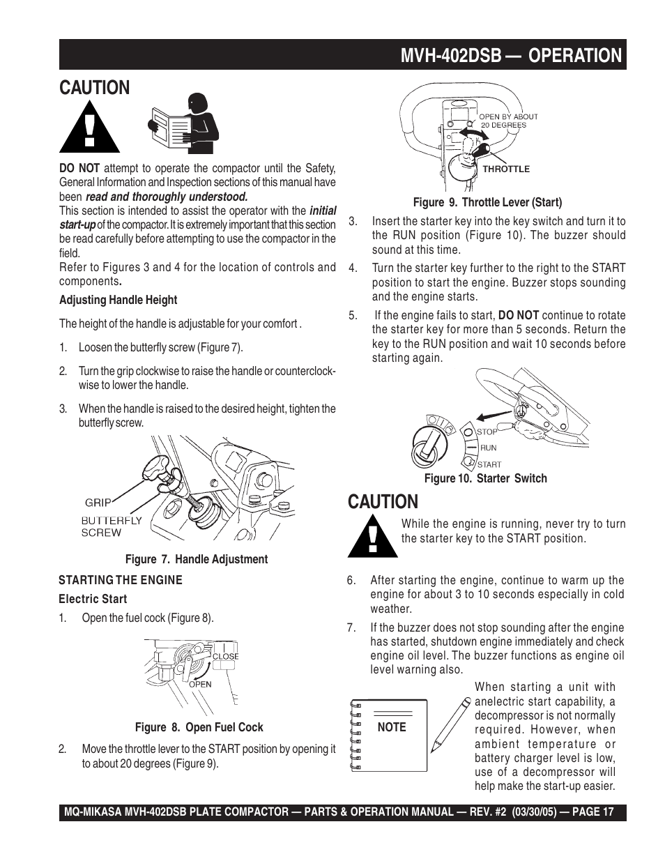 Mvh-402dsb — operation, Caution | Multiquip Mikasa Reversible Plate Compactor MVH-402DSB User Manual | Page 17 / 70