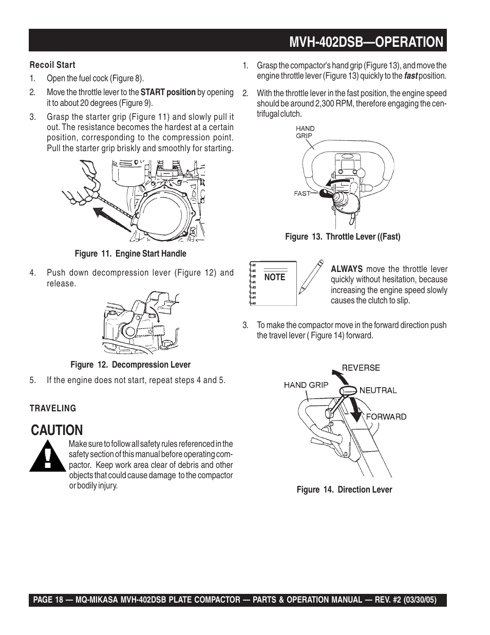 Mvh-402dsb—operation, Caution | Multiquip Mikasa Reversible Plate Compactor MVH-402DSB User Manual | Page 18 / 70