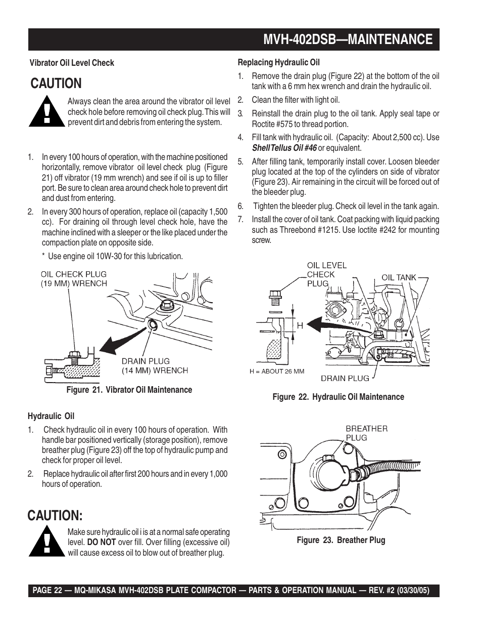 Mvh-402dsb—maintenance, Caution: caution | Multiquip Mikasa Reversible Plate Compactor MVH-402DSB User Manual | Page 22 / 70
