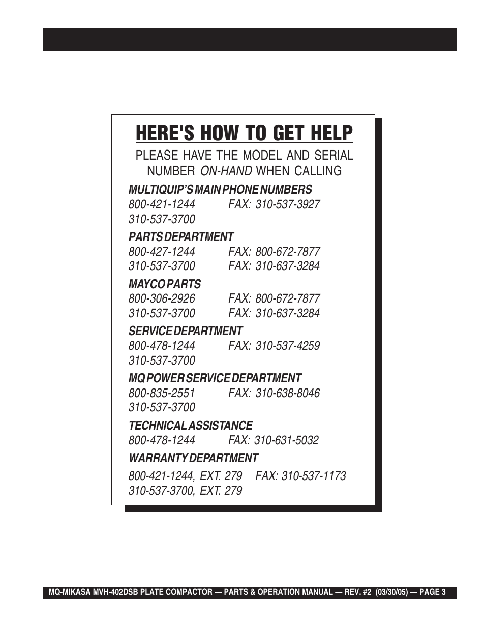 Here's how to get help | Multiquip Mikasa Reversible Plate Compactor MVH-402DSB User Manual | Page 3 / 70