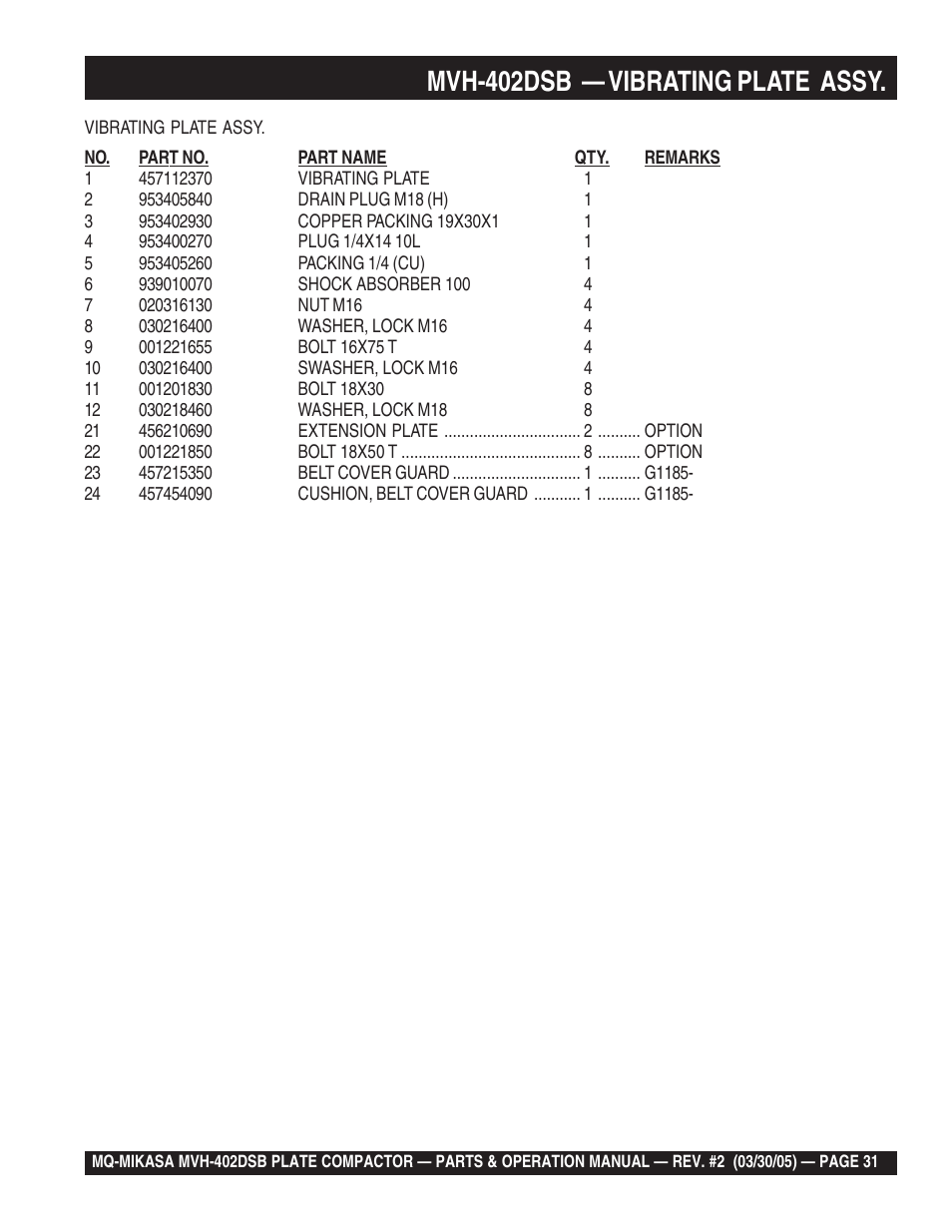 Mvh-402dsb — vibrating plate assy | Multiquip Mikasa Reversible Plate Compactor MVH-402DSB User Manual | Page 31 / 70