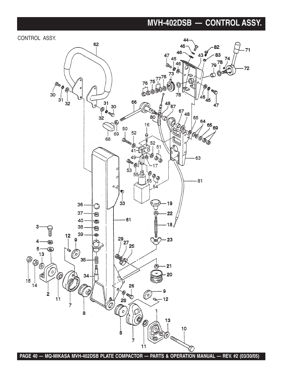 Mvh-402dsb — control assy | Multiquip Mikasa Reversible Plate Compactor MVH-402DSB User Manual | Page 40 / 70