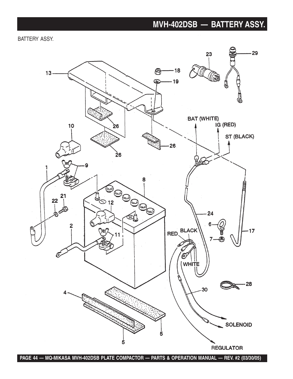 Mvh-402dsb — battery assy | Multiquip Mikasa Reversible Plate Compactor MVH-402DSB User Manual | Page 44 / 70
