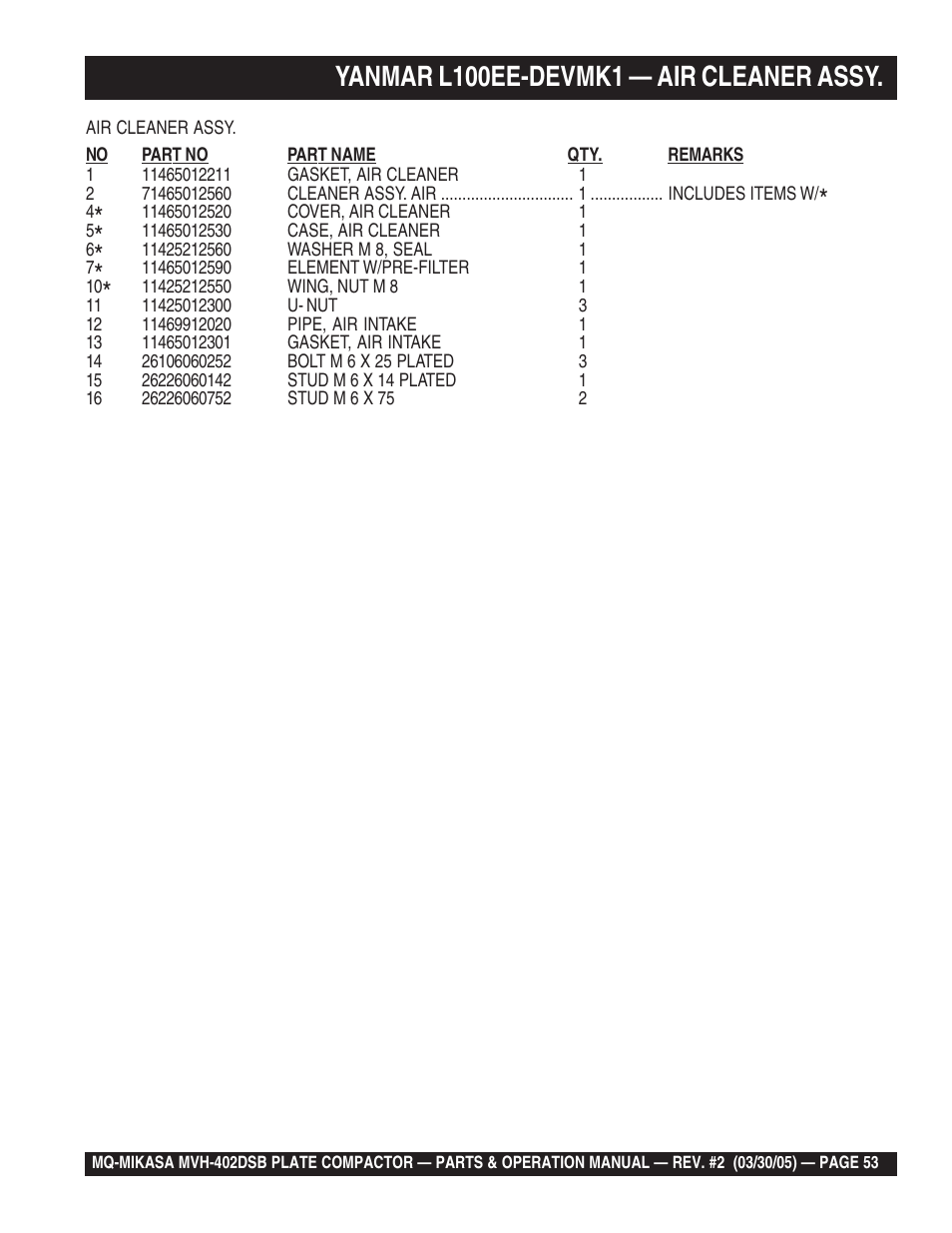 Yanmar l100ee-devmk1 — air cleaner assy | Multiquip Mikasa Reversible Plate Compactor MVH-402DSB User Manual | Page 53 / 70