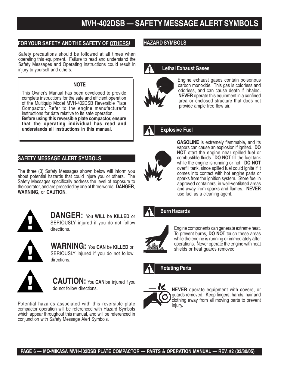 Mvh-402dsb — safety message alert symbols, Danger, Warning | Caution | Multiquip Mikasa Reversible Plate Compactor MVH-402DSB User Manual | Page 6 / 70