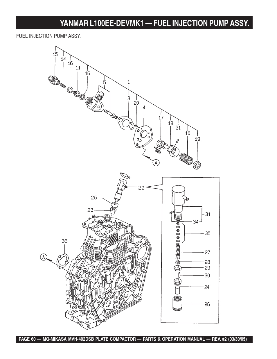 Yanmar l100ee-devmk1 — fuel injection pump assy | Multiquip Mikasa Reversible Plate Compactor MVH-402DSB User Manual | Page 60 / 70